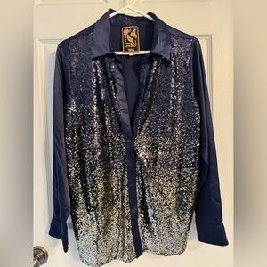 NWOT SMALL Johnny Was Navy Sequin Button-Up Top